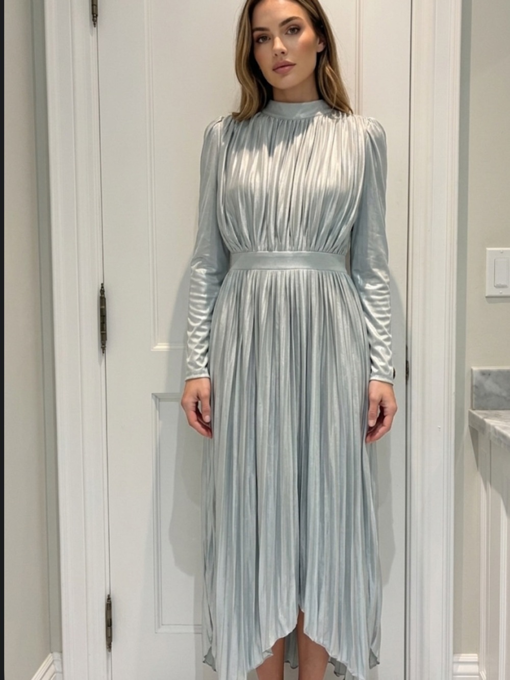 SHEIN Liquid Silver Metallic Pleated Midi Dress | Grecian Boho Holiday Event👵MT